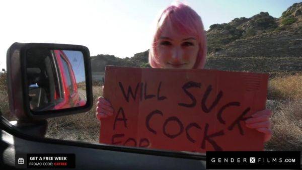 Trans hitchhiker with flat tits Claire Tenebrarum sucks cock for a ride - anysex.com on ladyboyporn.net